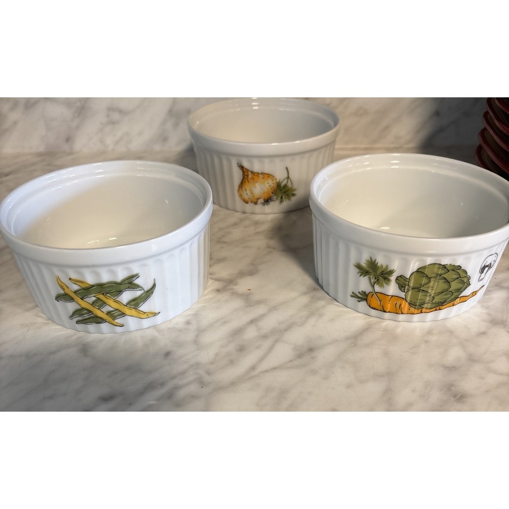 Set Of 3 Vintage Styson 4 Inch Ramekins Artichoke Carrot Mushroom Bakeware Round